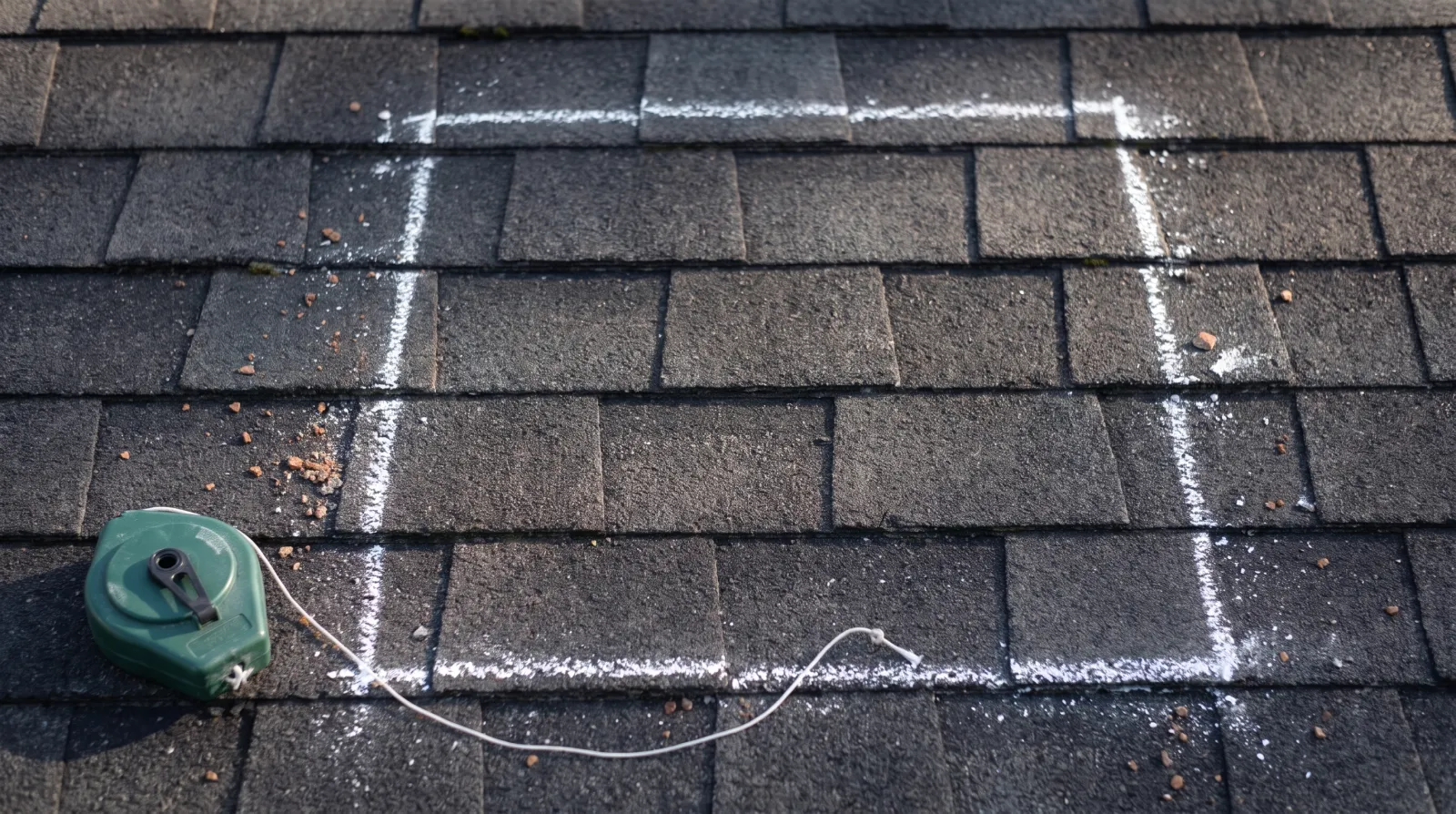 Illustrative overhead view of a white chalk square on shingles, with a chalk reel at one corner